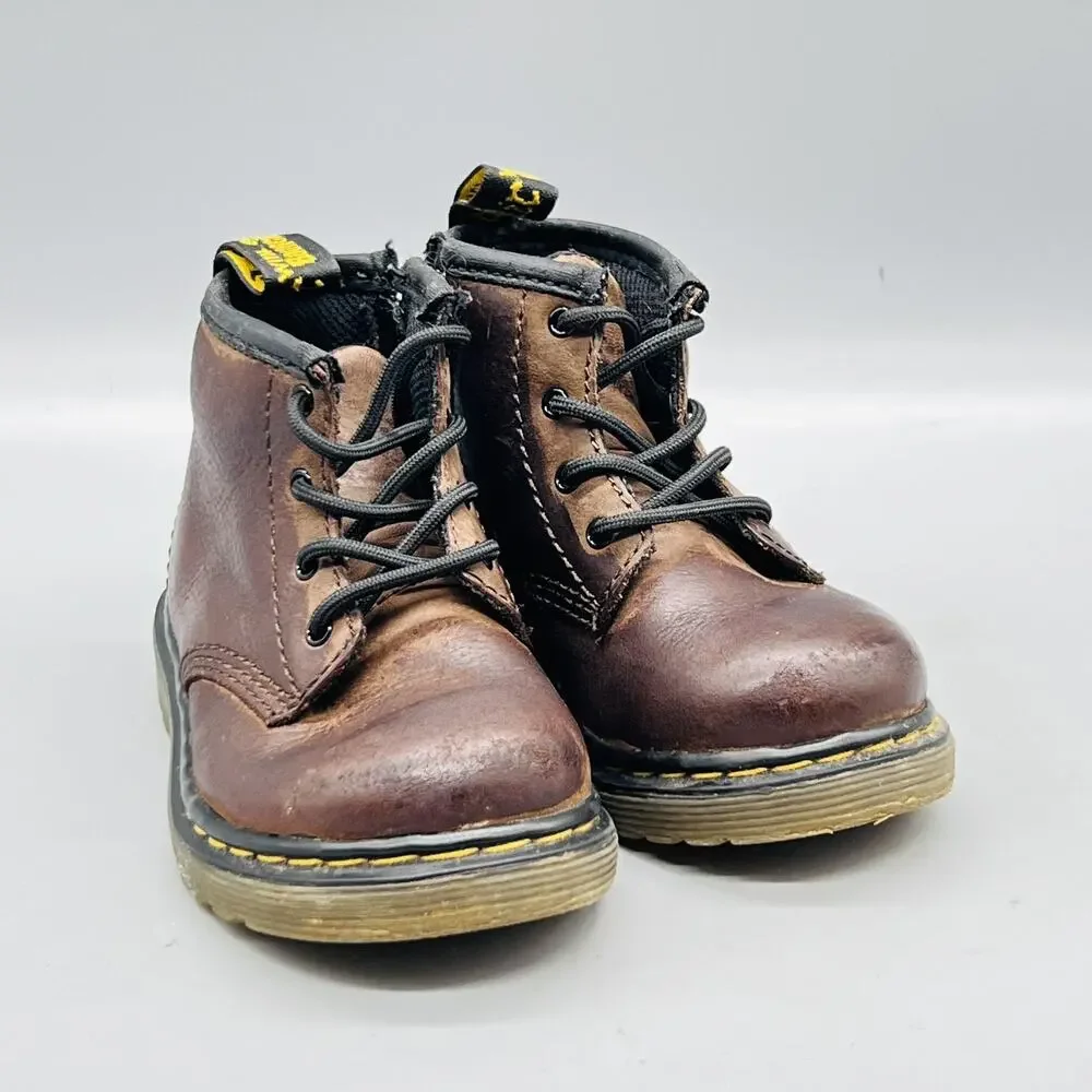 Dr Martens Boots Kids Boys 6 Brown Leather Brooklee Ankle Combat Lace Up Shoes
